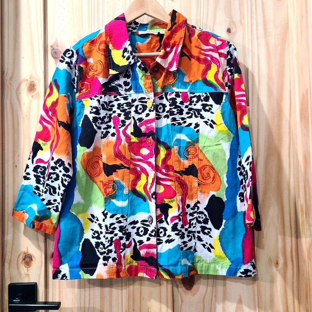Choices Lightweight Denim 3/4 Sleeve Jacket Wild Bold Colorful Art to Wear - LG
